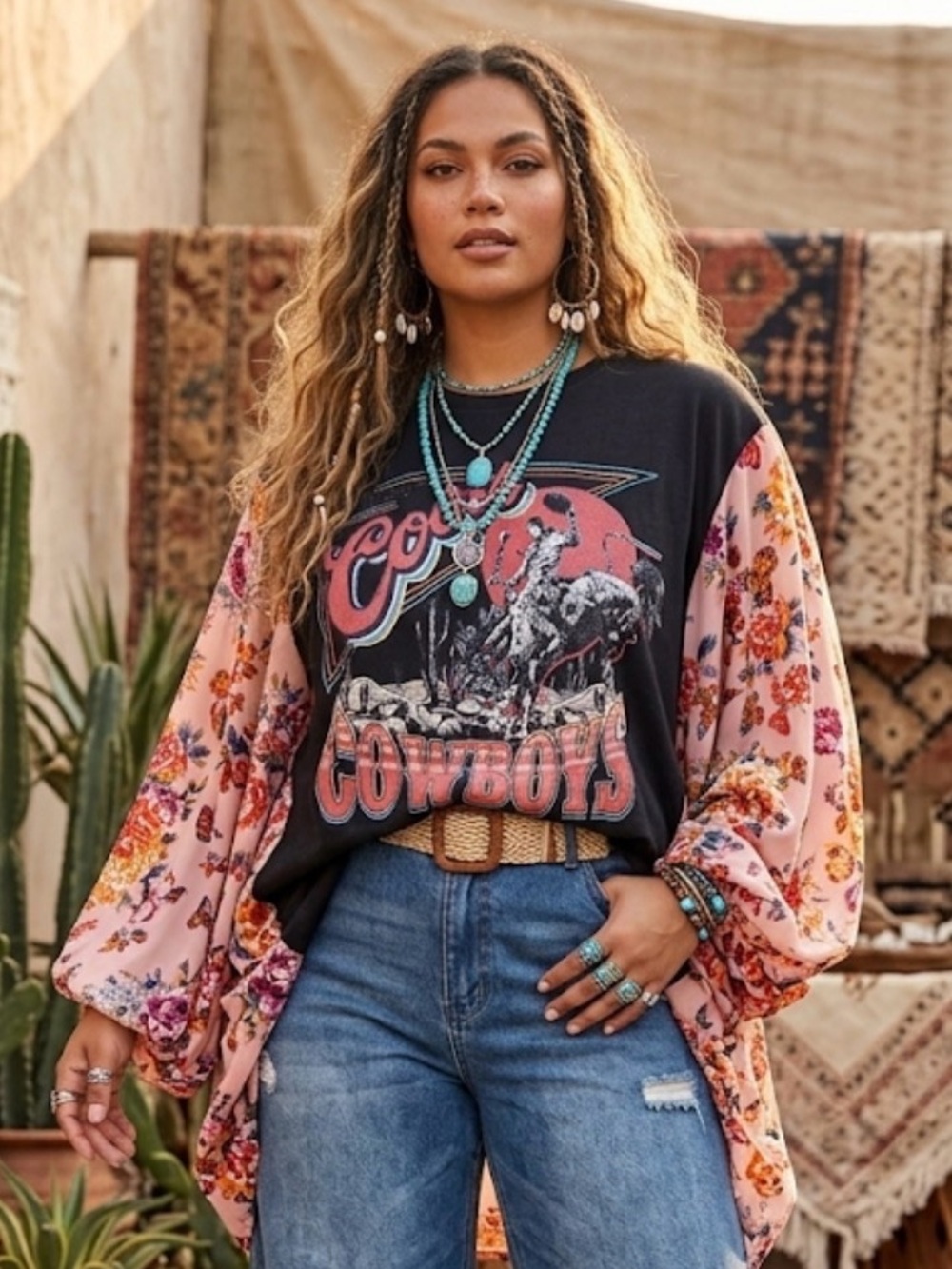 Reworked Coors Cowboys Upcycled Boho Floral Kimono Sleeve Top OOAK